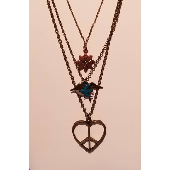 Multi Strand Layered Bronze Tone Charm (5) Necklace - Picture 2 of 4